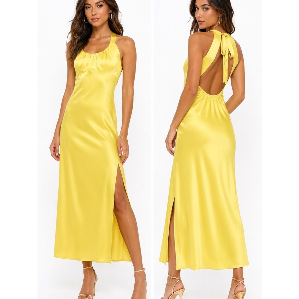 Lulus Certainly Glorious Chartreuse Satin Backless Midi Slip Dress Size L NWOT